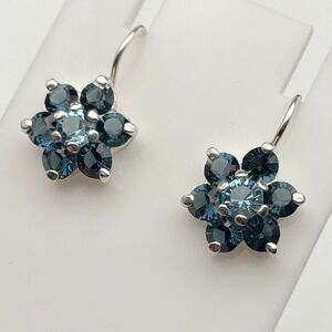 Sterling Silver Blue Topaz Color CZ Petite Flower‎ Drop Earrings Elegant Dainty